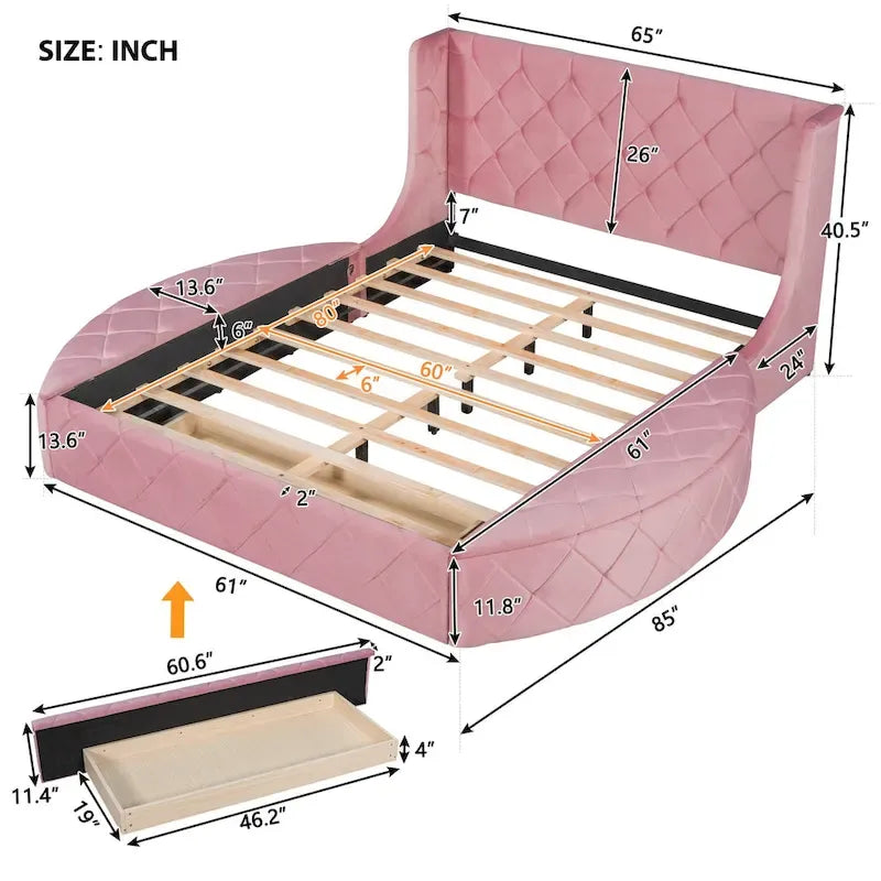 Upholstered Platform Bed Queen Size Storage Velvet Bed with Wingback Headboard and 1 Big Drawer,2 Side Storage Stool(Beige)