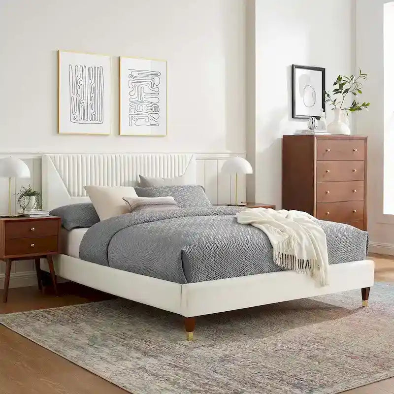 King Platform Bed with Channel-Tufted Headboard & Performance Velvet Upholstery