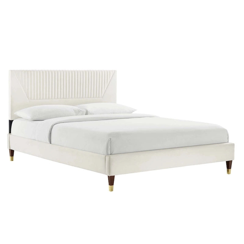 King Platform Bed with Channel-Tufted Headboard & Performance Velvet Upholstery