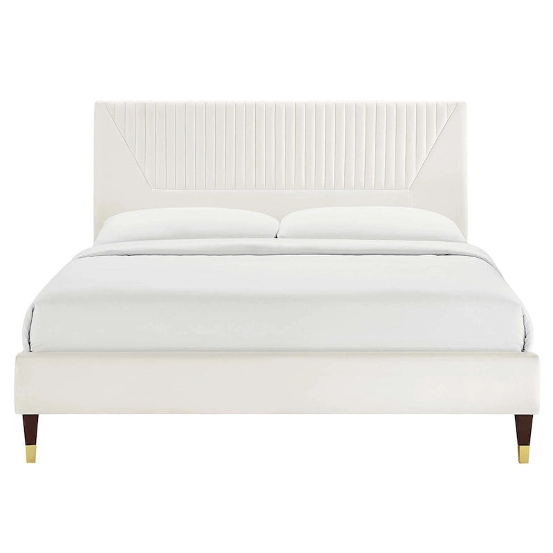 King Platform Bed with Channel-Tufted Headboard & Performance Velvet Upholstery