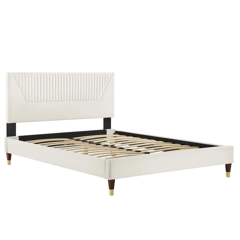 King Platform Bed with Channel-Tufted Headboard & Performance Velvet Upholstery