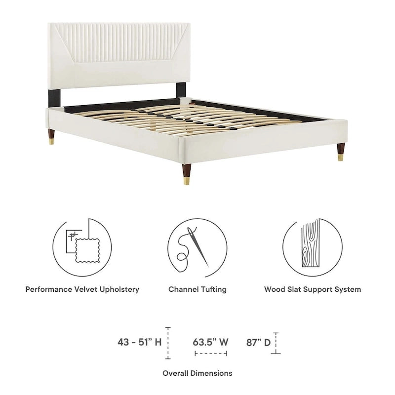 King Platform Bed with Channel-Tufted Headboard & Performance Velvet Upholstery