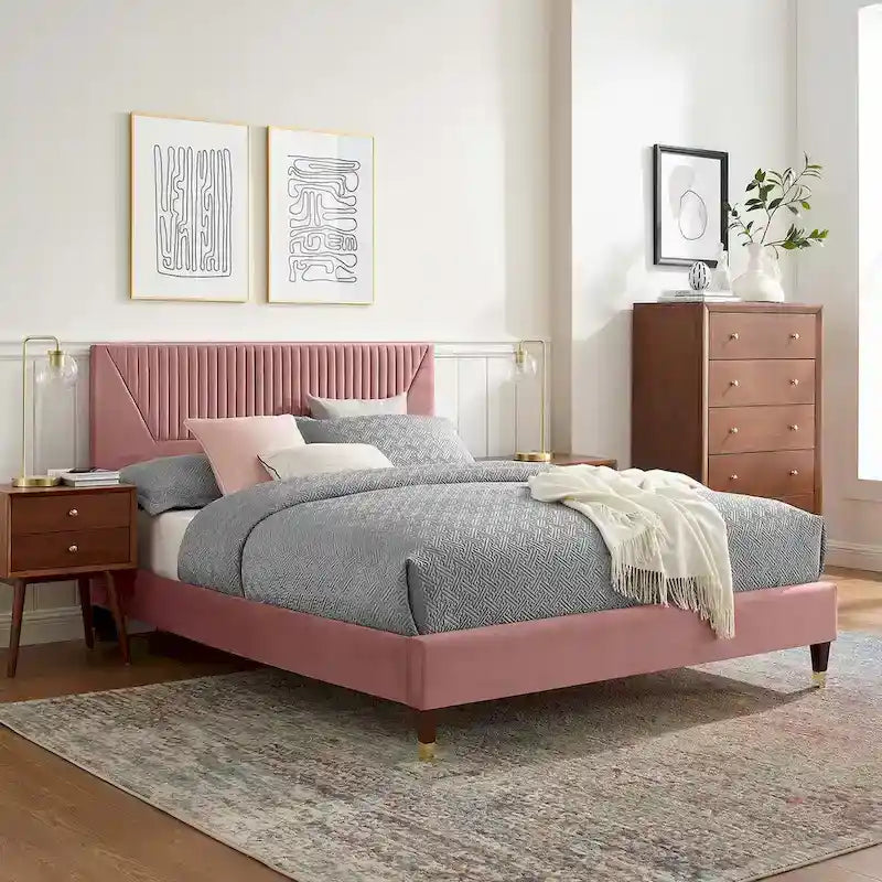 King Platform Bed with Channel-Tufted Headboard & Performance Velvet Upholstery