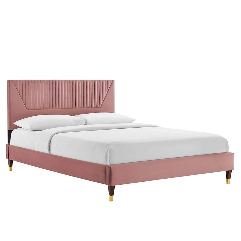 King Platform Bed with Channel-Tufted Headboard & Performance Velvet Upholstery