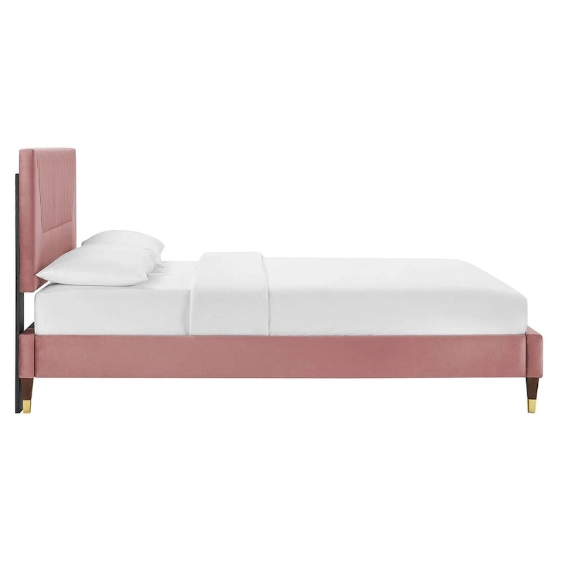 King Platform Bed with Channel-Tufted Headboard & Performance Velvet Upholstery