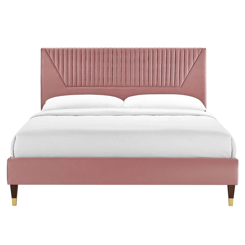 King Platform Bed with Channel-Tufted Headboard & Performance Velvet Upholstery