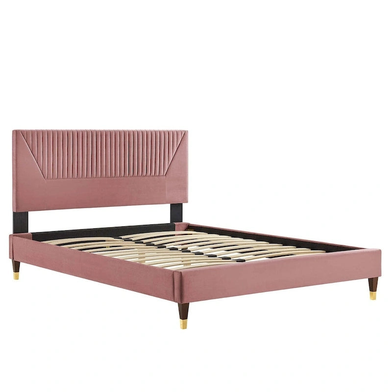 King Platform Bed with Channel-Tufted Headboard & Performance Velvet Upholstery