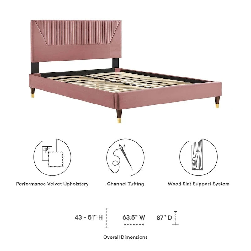 King Platform Bed with Channel-Tufted Headboard & Performance Velvet Upholstery
