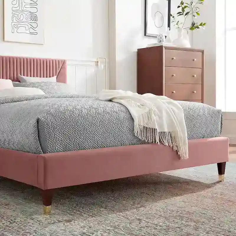 King Platform Bed with Channel-Tufted Headboard & Performance Velvet Upholstery