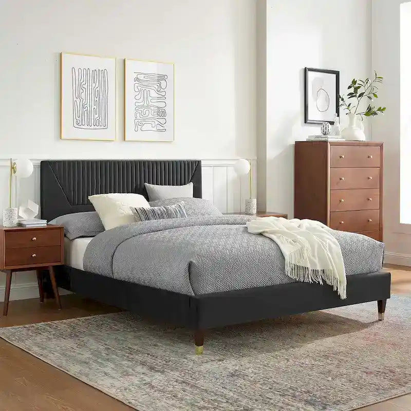 King Platform Bed with Channel-Tufted Headboard & Performance Velvet Upholstery