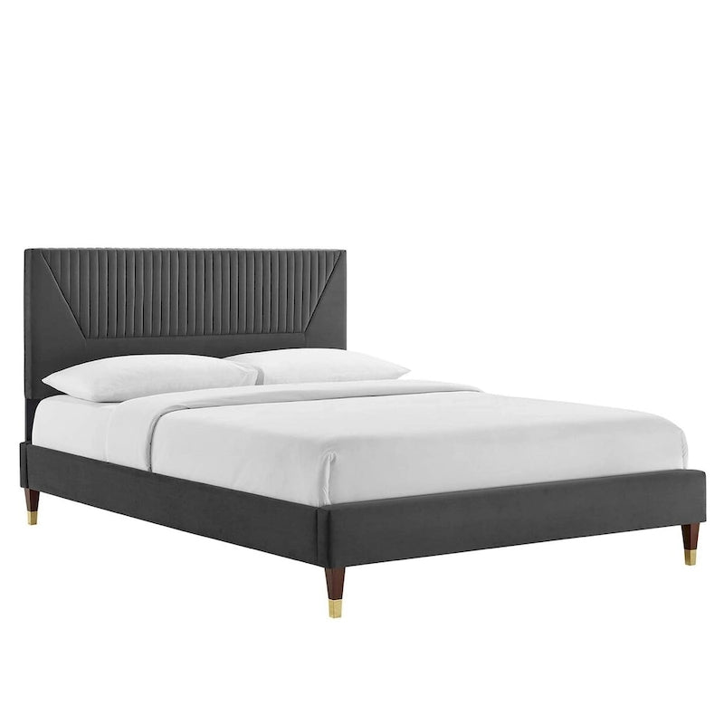 King Platform Bed with Channel-Tufted Headboard & Performance Velvet Upholstery
