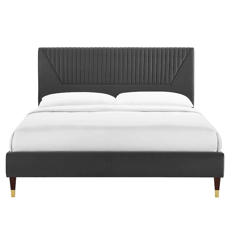 King Platform Bed with Channel-Tufted Headboard & Performance Velvet Upholstery