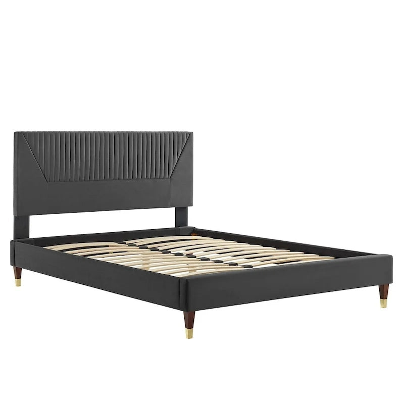 King Platform Bed with Channel-Tufted Headboard & Performance Velvet Upholstery
