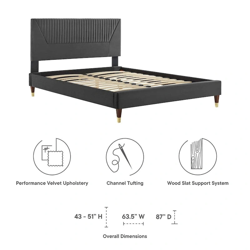 King Platform Bed with Channel-Tufted Headboard & Performance Velvet Upholstery