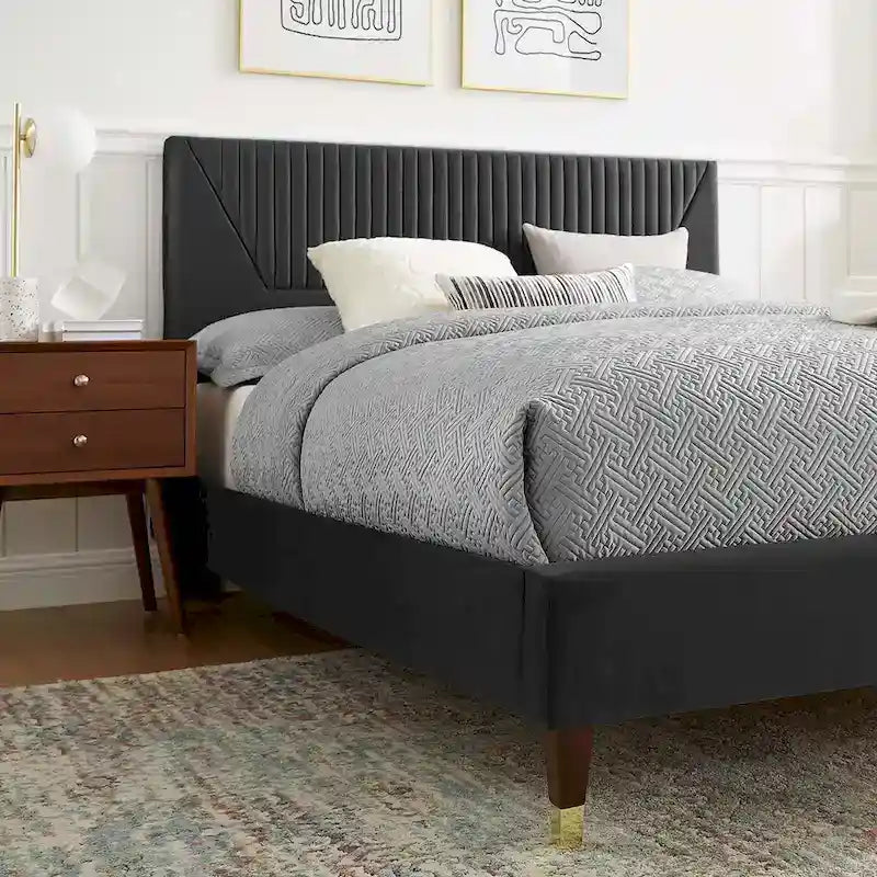 King Platform Bed with Channel-Tufted Headboard & Performance Velvet Upholstery