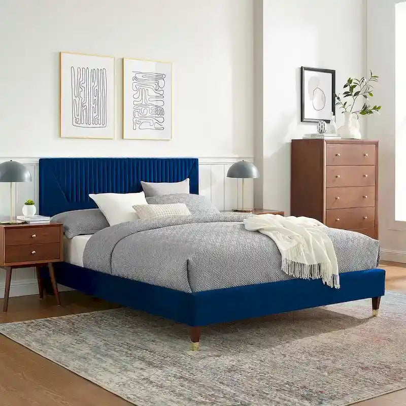 King Platform Bed with Channel-Tufted Headboard & Performance Velvet Upholstery