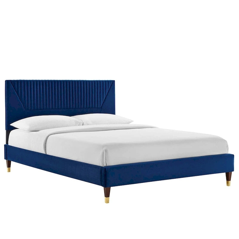 King Platform Bed with Channel-Tufted Headboard & Performance Velvet Upholstery