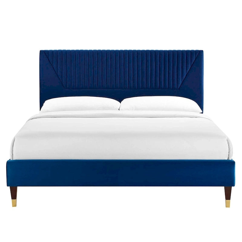 King Platform Bed with Channel-Tufted Headboard & Performance Velvet Upholstery