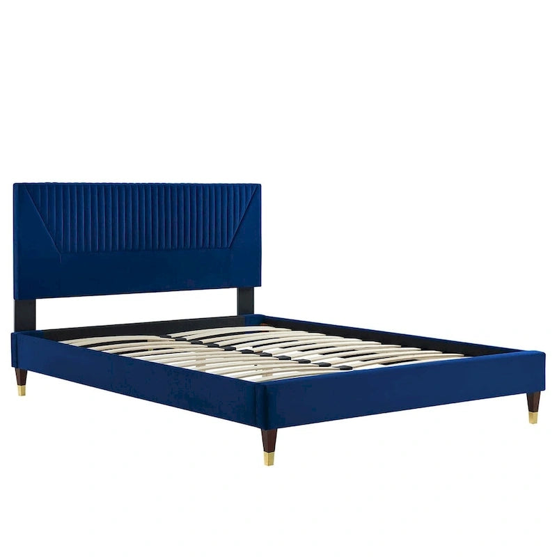 King Platform Bed with Channel-Tufted Headboard & Performance Velvet Upholstery