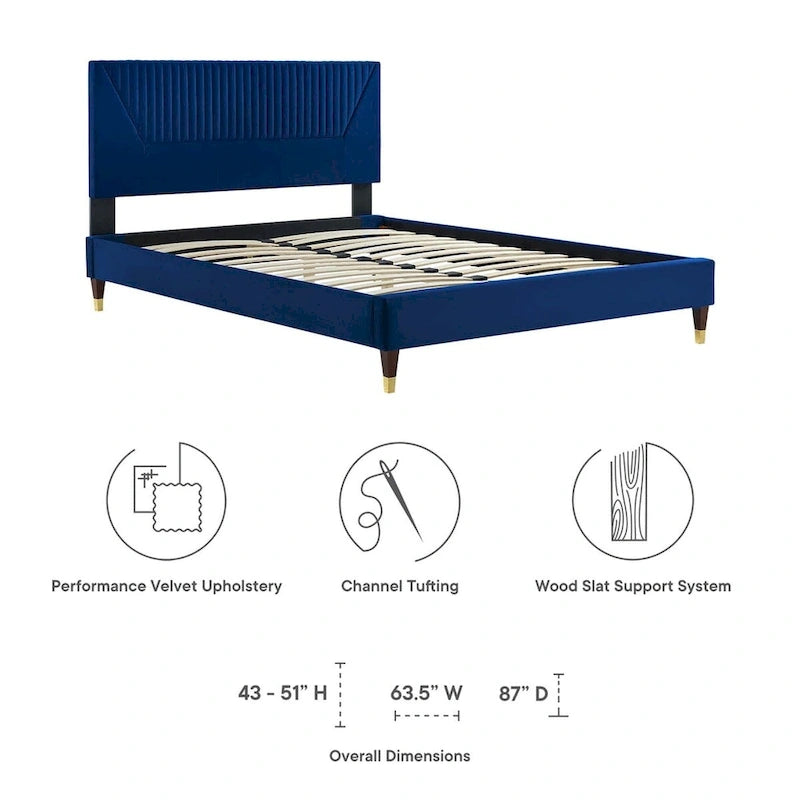 King Platform Bed with Channel-Tufted Headboard & Performance Velvet Upholstery