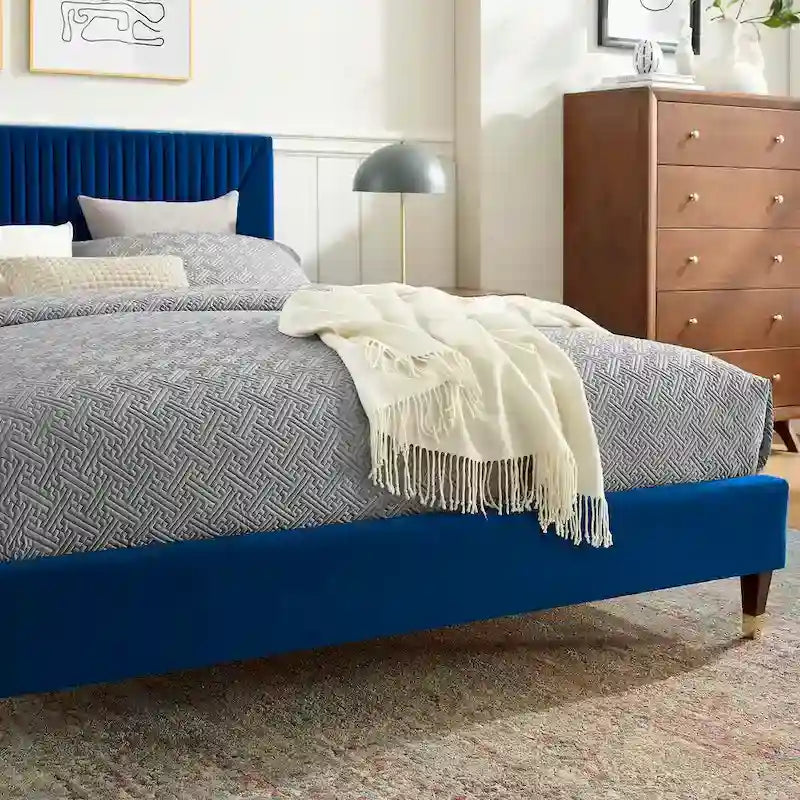 King Platform Bed with Channel-Tufted Headboard & Performance Velvet Upholstery
