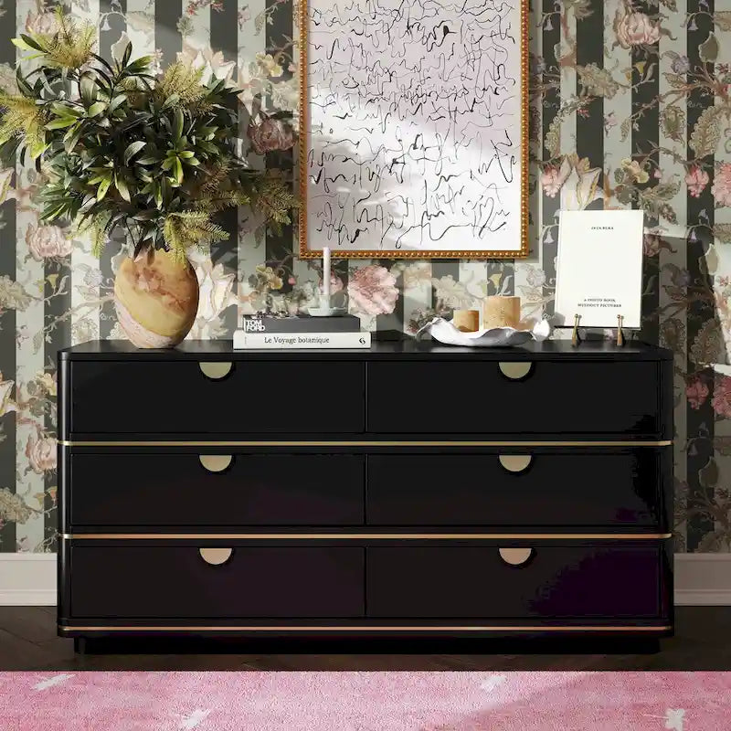 6-Drawer Art Deco Dresser with Brass Pulls & Soft-Close Drawers – Acacia Wood