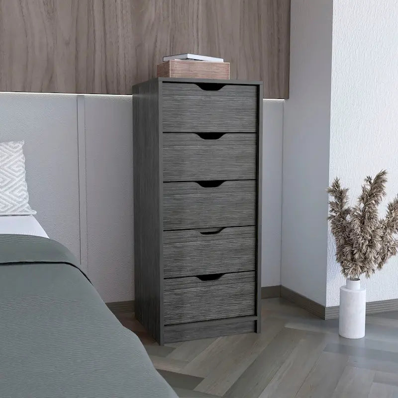 Commode haute à 5 tiroirs avec poignées encastrées – Profil étroit pour petits espaces