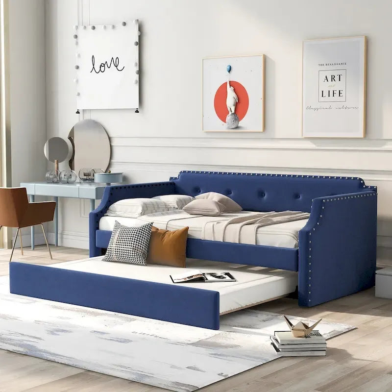 Twin Upholstered Daybed with Pull-Out Trundle – Tufted Back, Nailhead Trim & Wood Slat Support
