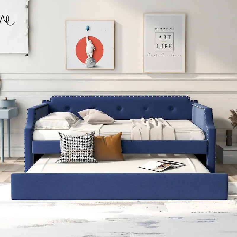 Twin Upholstered Daybed with Pull-Out Trundle – Tufted Back, Nailhead Trim & Wood Slat Support
