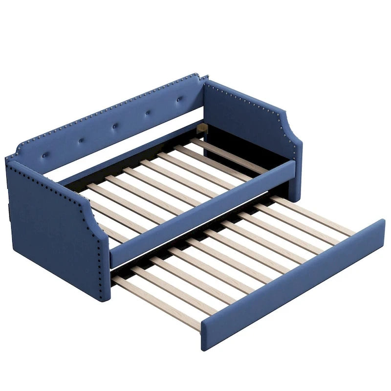 Twin Upholstered Daybed with Pull-Out Trundle – Tufted Back, Nailhead Trim & Wood Slat Support