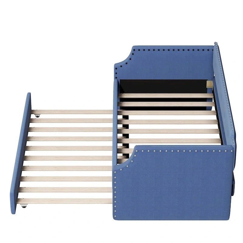 Twin Upholstered Daybed with Pull-Out Trundle – Tufted Back, Nailhead Trim & Wood Slat Support