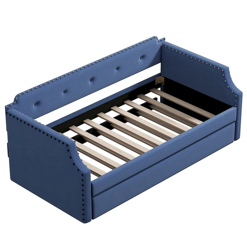 Twin Upholstered Daybed with Pull-Out Trundle – Tufted Back, Nailhead Trim & Wood Slat Support