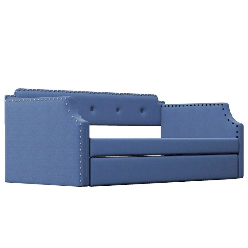 Twin Upholstered Daybed with Pull-Out Trundle – Tufted Back, Nailhead Trim & Wood Slat Support