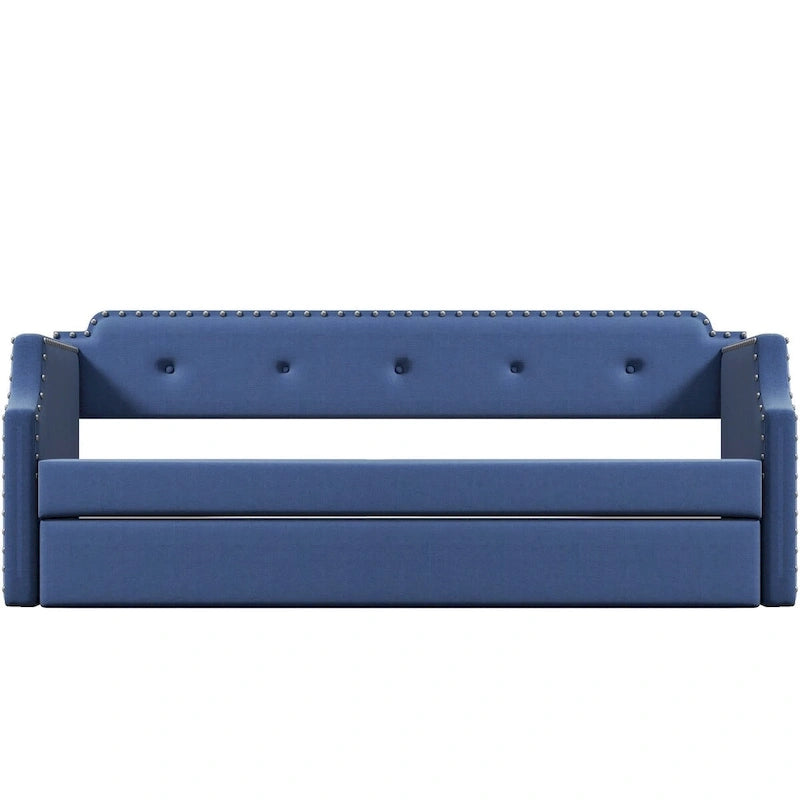 Twin Upholstered Daybed with Pull-Out Trundle – Tufted Back, Nailhead Trim & Wood Slat Support