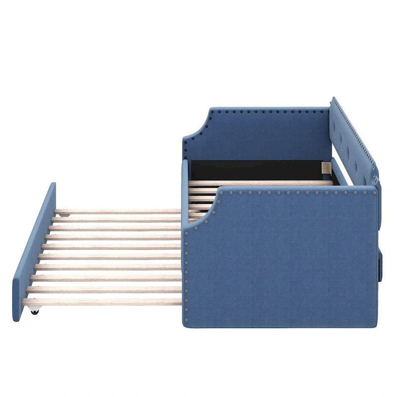 Twin Upholstered Daybed with Pull-Out Trundle – Tufted Back, Nailhead Trim & Wood Slat Support