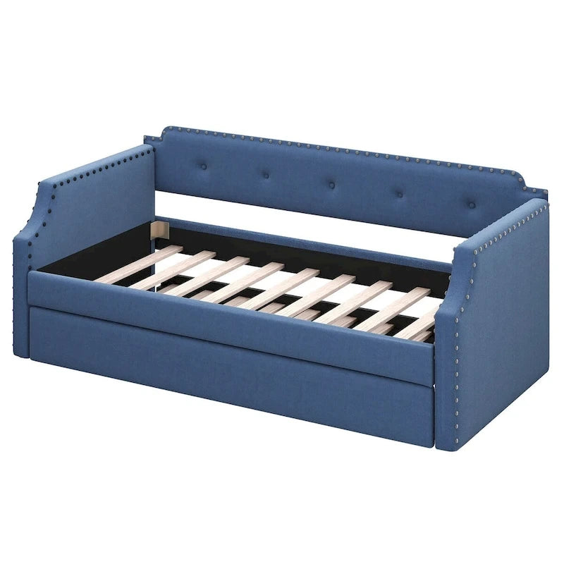 Twin Upholstered Daybed with Pull-Out Trundle – Tufted Back, Nailhead Trim & Wood Slat Support