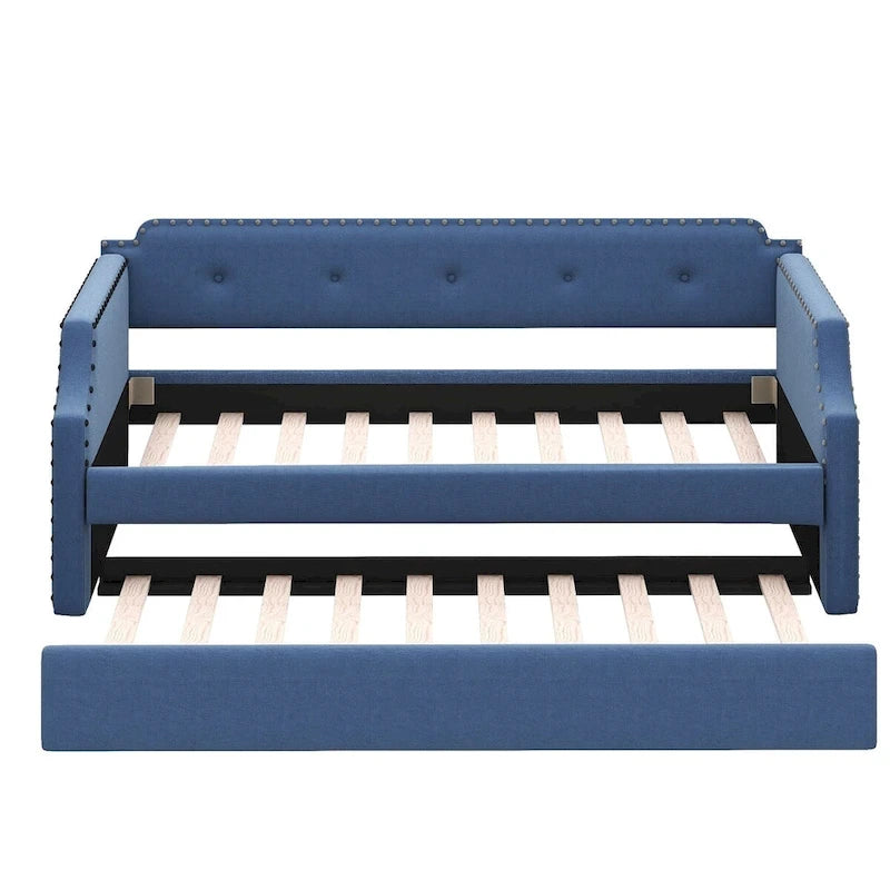 Twin Upholstered Daybed with Pull-Out Trundle – Tufted Back, Nailhead Trim & Wood Slat Support