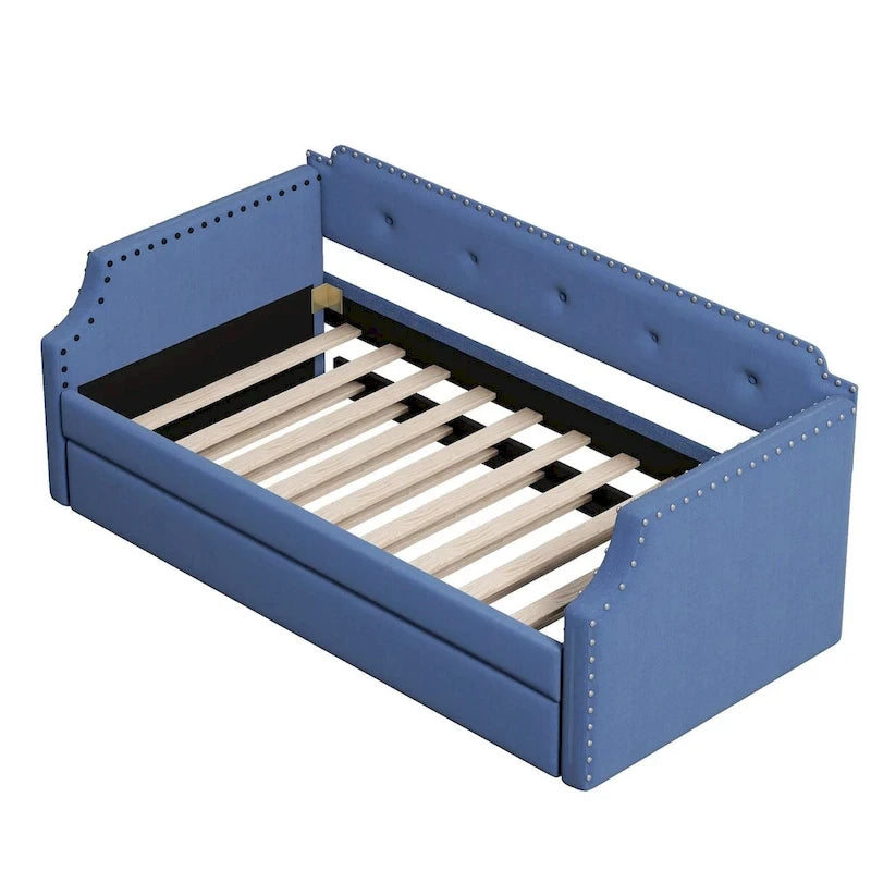 Twin Upholstered Daybed with Pull-Out Trundle – Tufted Back, Nailhead Trim & Wood Slat Support