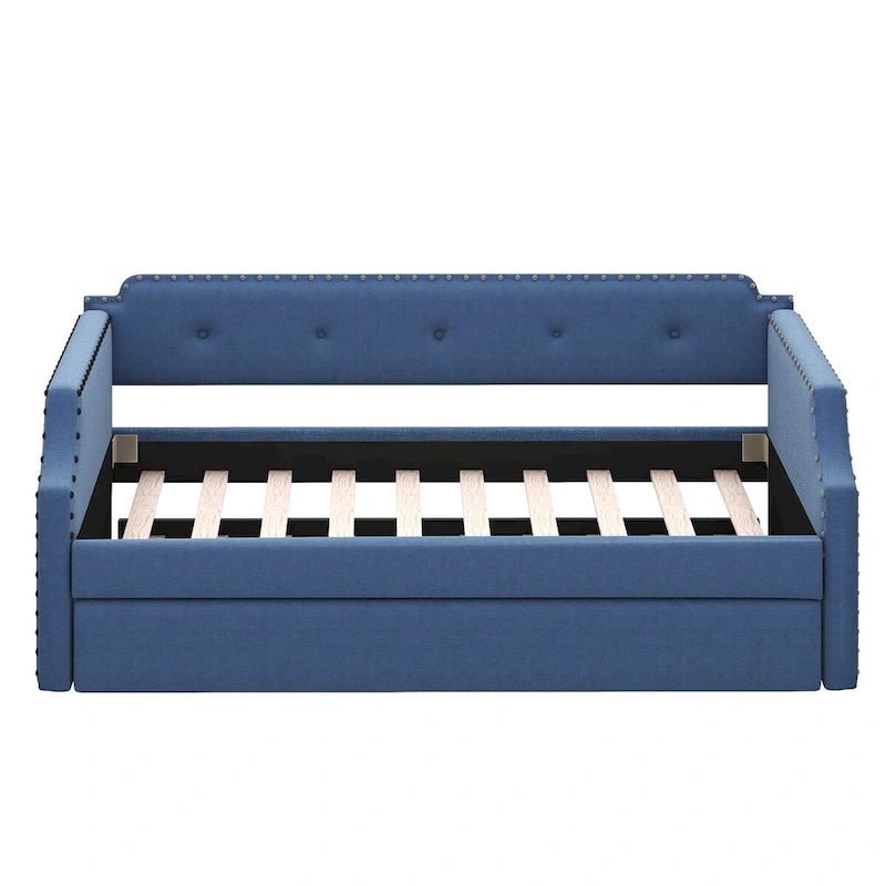 Twin Upholstered Daybed with Pull-Out Trundle – Tufted Back, Nailhead Trim & Wood Slat Support
