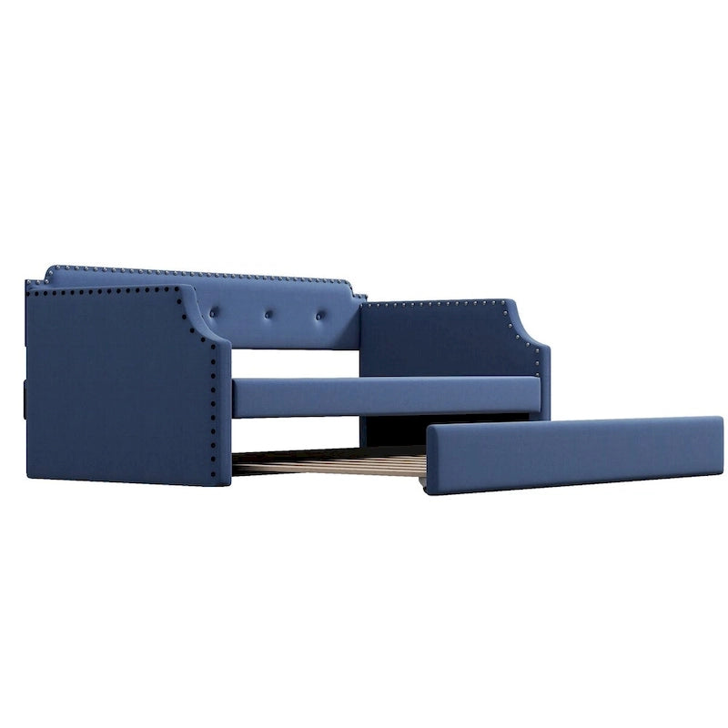 Twin Upholstered Daybed with Pull-Out Trundle – Tufted Back, Nailhead Trim & Wood Slat Support