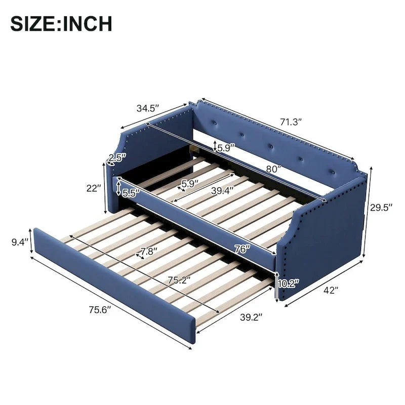 Twin Upholstered Daybed with Pull-Out Trundle – Tufted Back, Nailhead Trim & Wood Slat Support