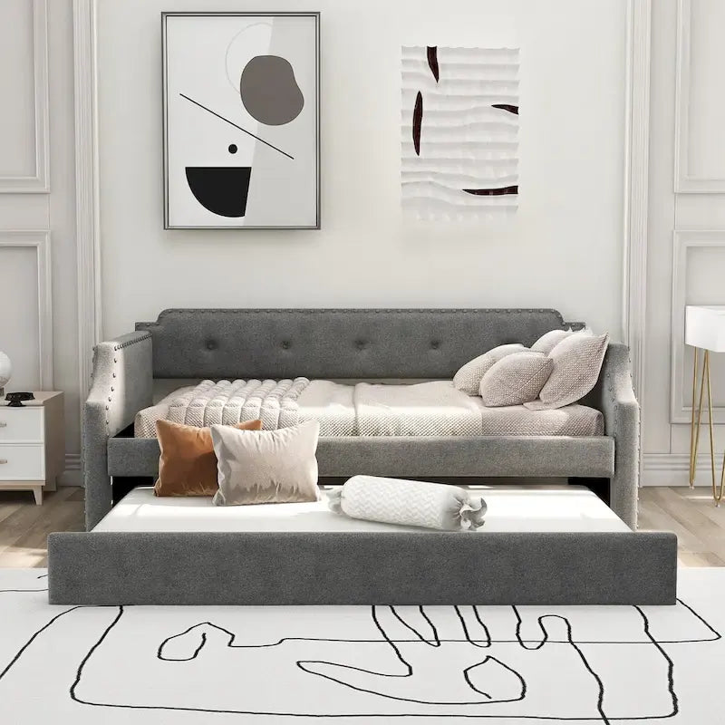 Twin Upholstered Daybed with Pull-Out Trundle – Tufted Back, Nailhead Trim & Wood Slat Support