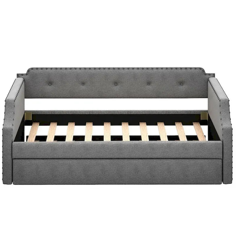 Twin Upholstered Daybed with Pull-Out Trundle – Tufted Back, Nailhead Trim & Wood Slat Support