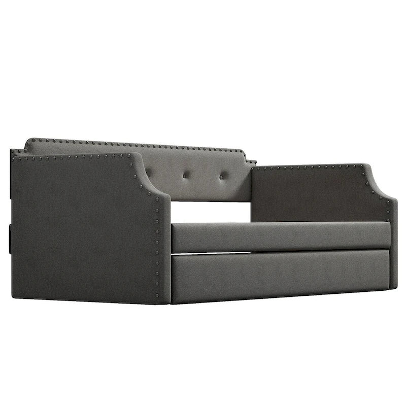 Twin Upholstered Daybed with Pull-Out Trundle – Tufted Back, Nailhead Trim & Wood Slat Support