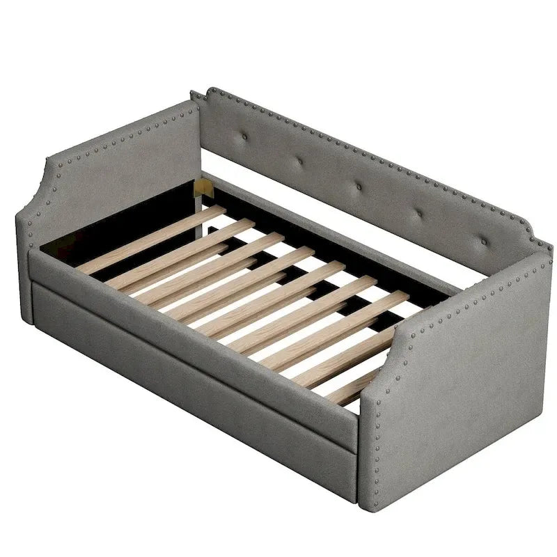 Twin Upholstered Daybed with Pull-Out Trundle – Tufted Back, Nailhead Trim & Wood Slat Support
