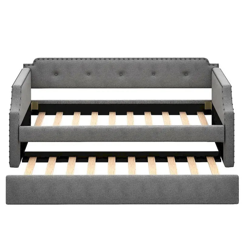 Twin Upholstered Daybed with Pull-Out Trundle – Tufted Back, Nailhead Trim & Wood Slat Support