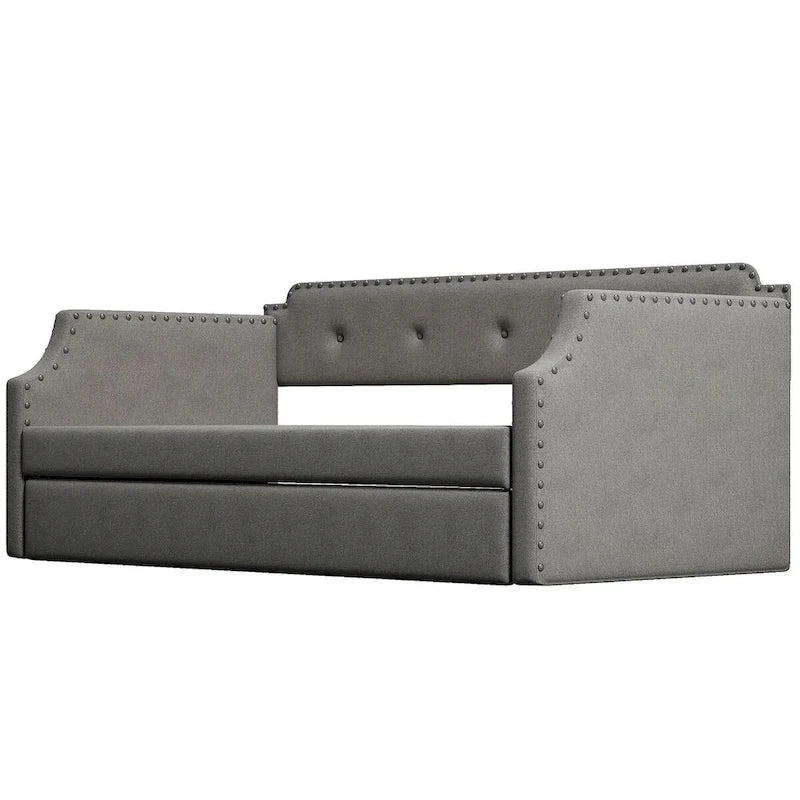 Twin Upholstered Daybed with Pull-Out Trundle – Tufted Back, Nailhead Trim & Wood Slat Support