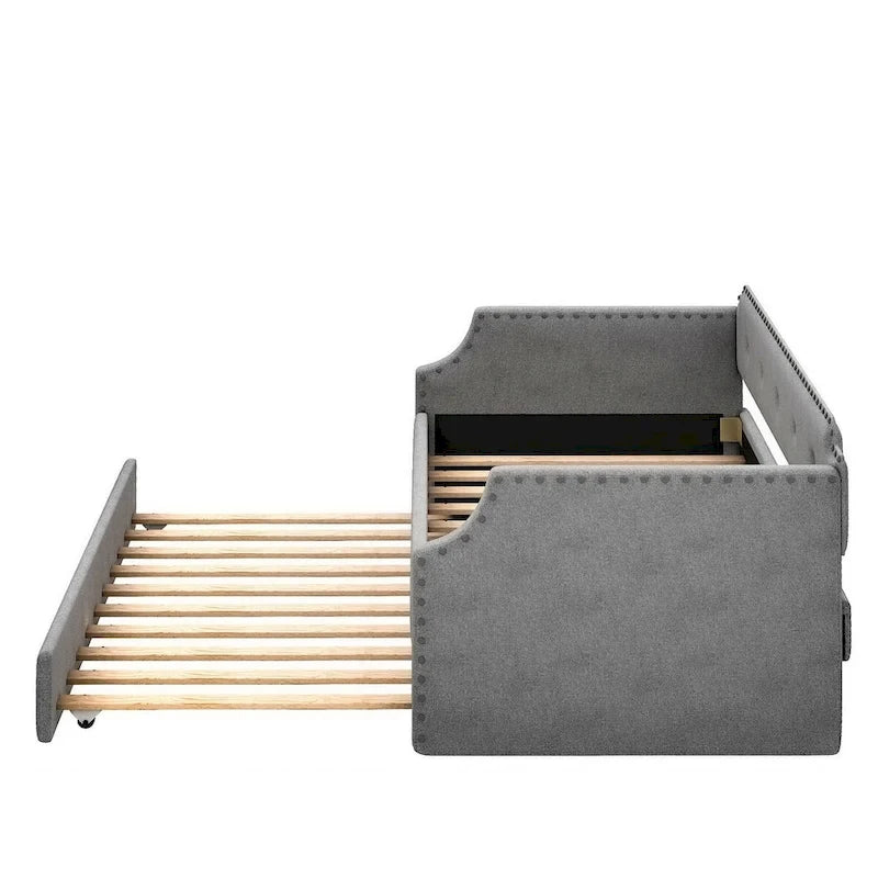 Twin Upholstered Daybed with Pull-Out Trundle – Tufted Back, Nailhead Trim & Wood Slat Support