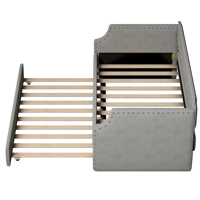 Twin Upholstered Daybed with Pull-Out Trundle – Tufted Back, Nailhead Trim & Wood Slat Support