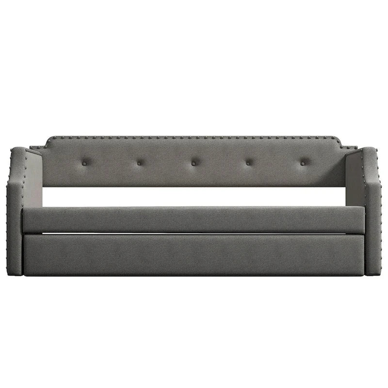 Twin Upholstered Daybed with Pull-Out Trundle – Tufted Back, Nailhead Trim & Wood Slat Support